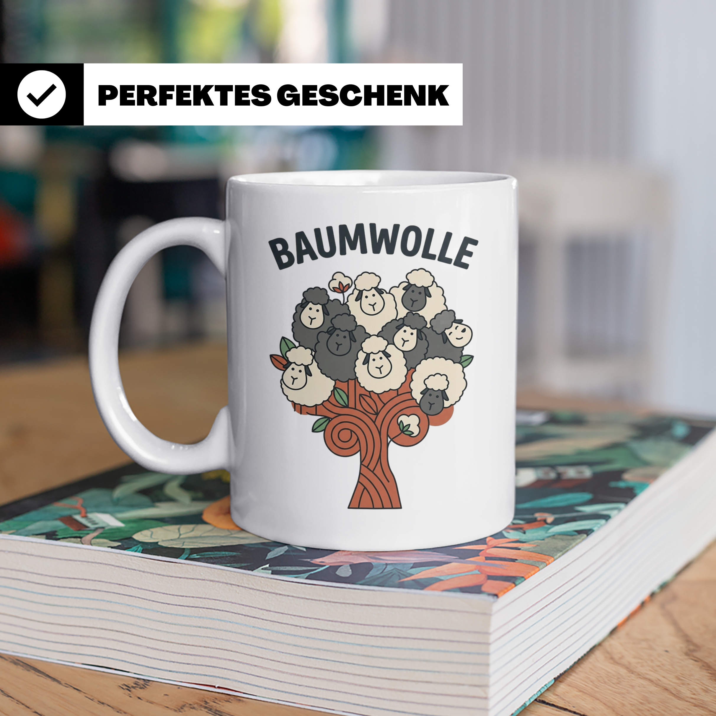 Baumwolle Tasse lustiges Wortspiel Schaf auf Baum, Kaffeebec – Weiß [farbe:weiß]