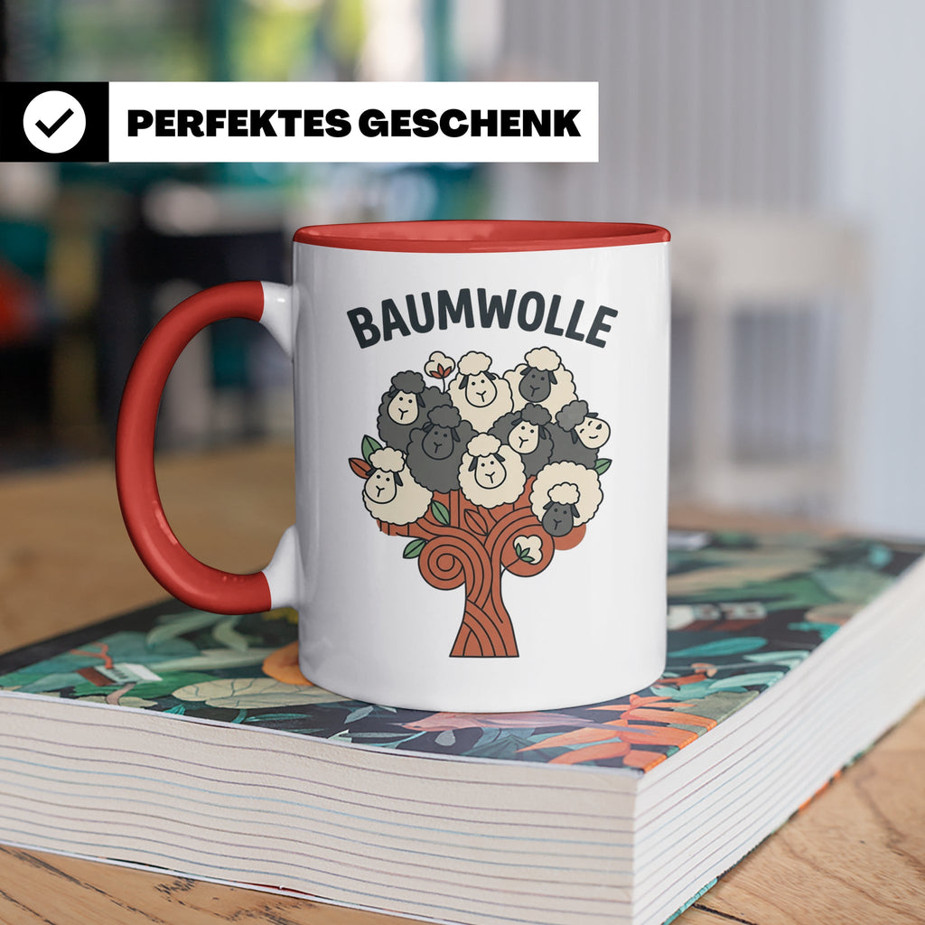 Baumwolle Tasse lustiges Wortspiel Schaf auf Baum, Kaffeebec – Rot [farbe:rot]