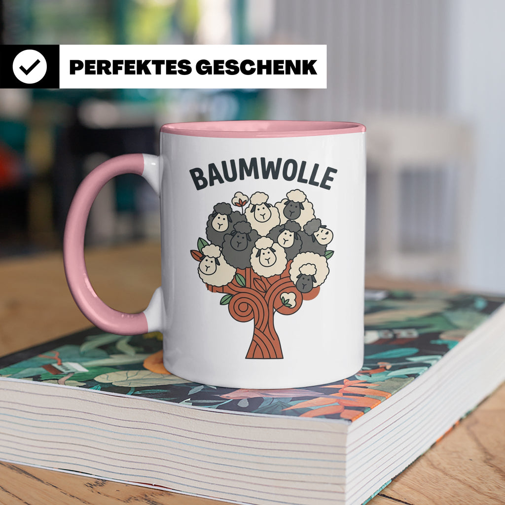 Baumwolle Tasse lustiges Wortspiel Schaf auf Baum, Kaffeebec – Rosa [farbe:rosa]