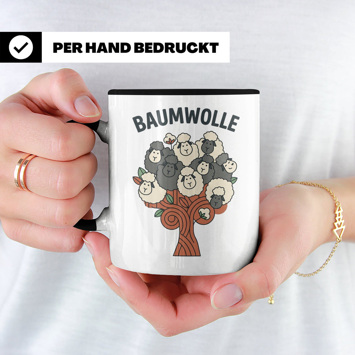 Baumwolle Tasse lustiges Wortspiel Schaf auf Baum, Kaffeebec – Schwarz [farbe:schwarz]