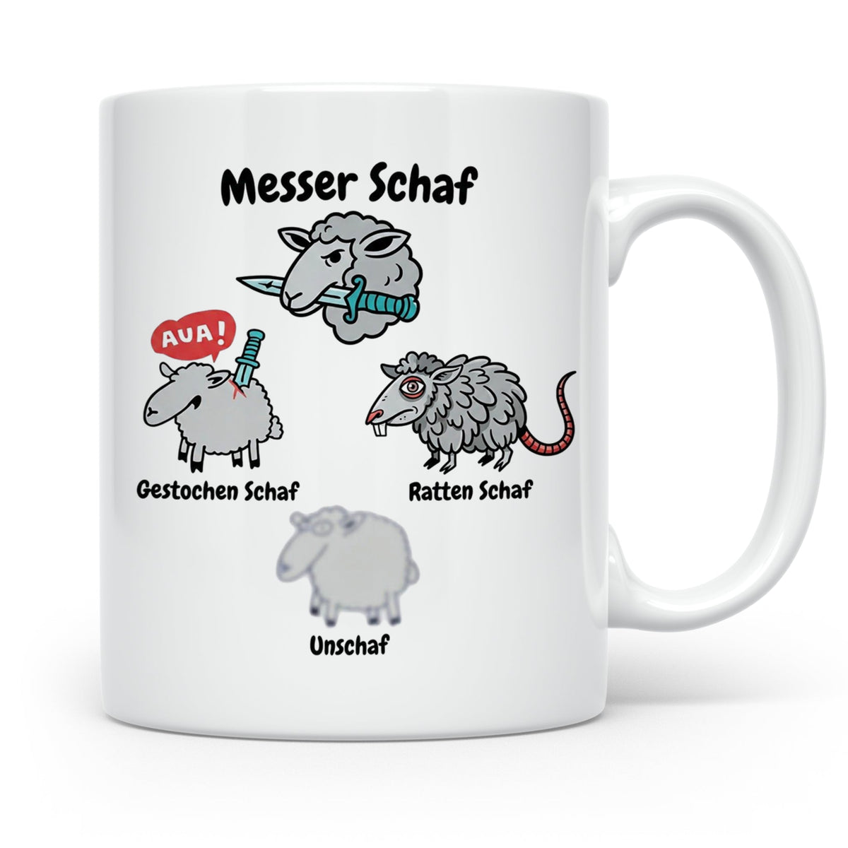 Wortspiel Tasse mit Messer Schaf, Ratten Schaf & Unscharf Mo – Weiß [farbe:weiß]