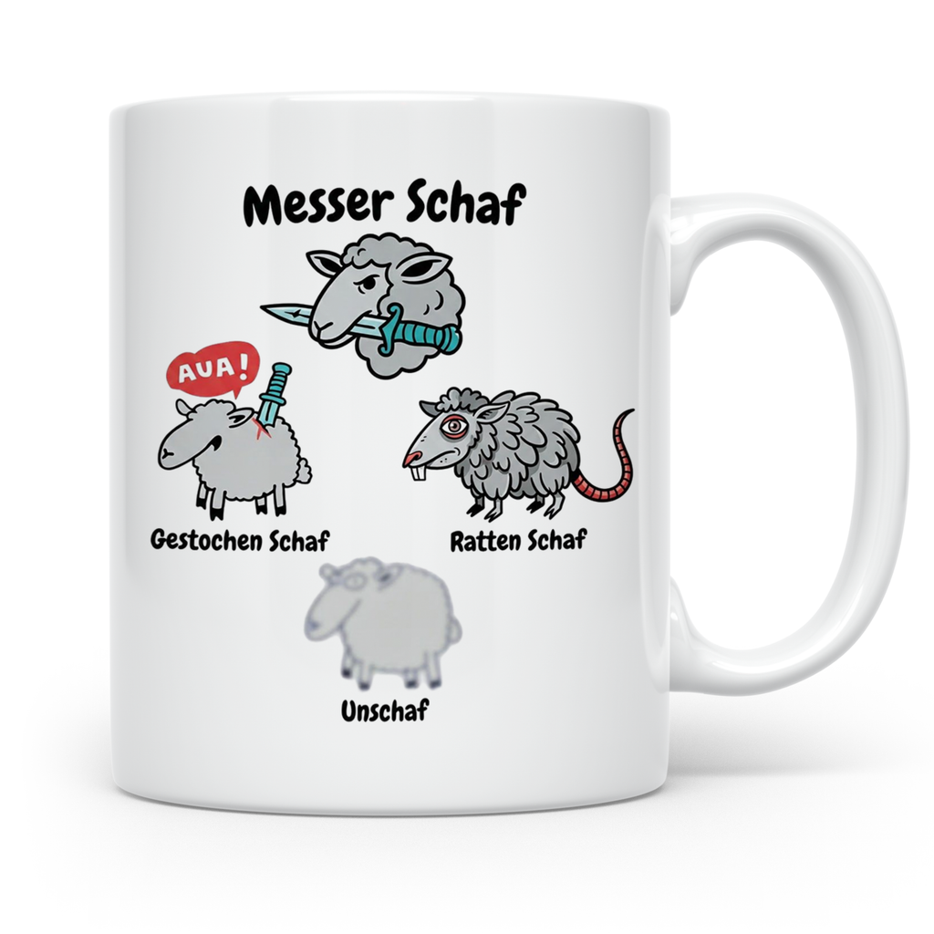 Wortspiel Tasse mit Messer Schaf, Ratten Schaf & Unscharf Mo – Weiß [farbe:weiß]