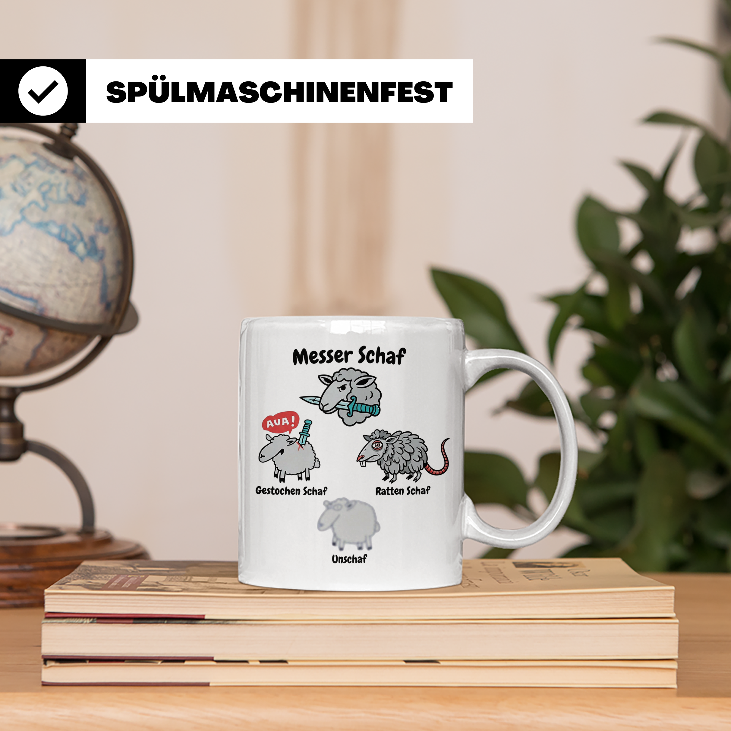 Wortspiel Tasse mit Messer Schaf, Ratten Schaf & Unscharf Mo – Weiß [farbe:weiß]