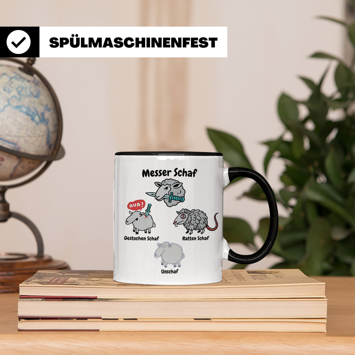 Wortspiel Tasse mit Messer Schaf, Ratten Schaf & Unscharf Mo – Schwarz [farbe:schwarz]