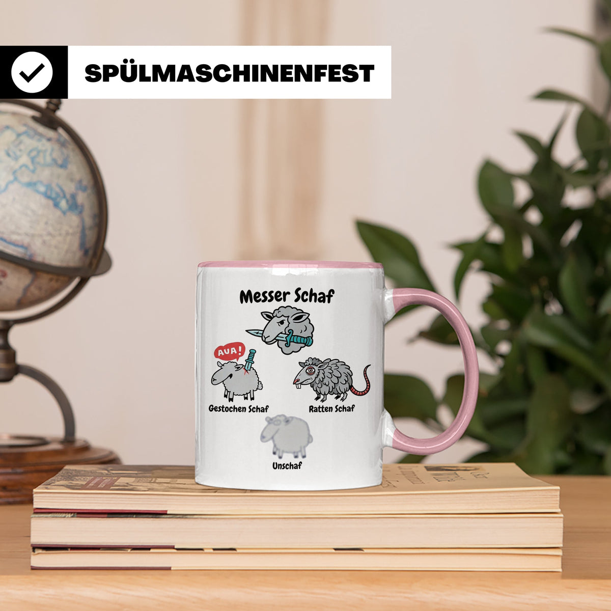 Wortspiel Tasse mit Messer Schaf, Ratten Schaf & Unscharf Mo – Rosa [farbe:rosa]