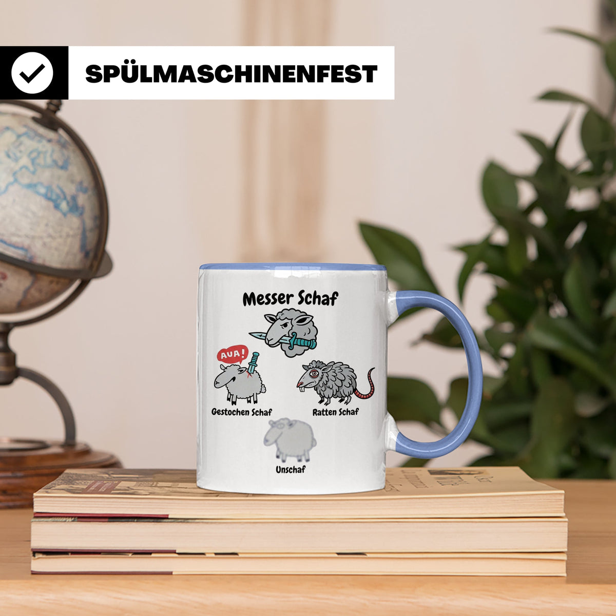 Wortspiel Tasse mit Messer Schaf, Ratten Schaf & Unscharf Mo – Blau [farbe:blau]