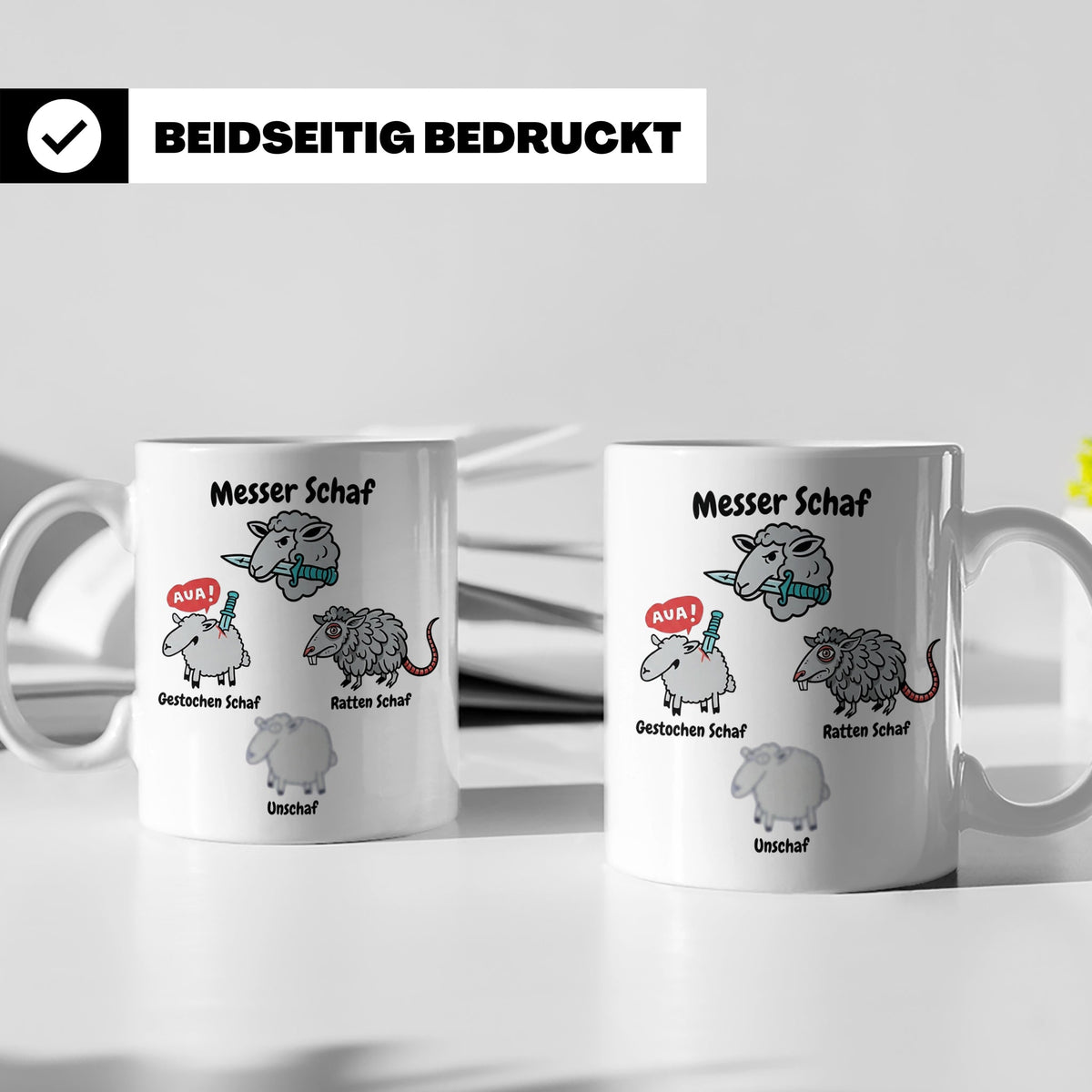 Wortspiel Tasse mit Messer Schaf, Ratten Schaf & Unscharf Mo – Weiß [farbe:weiß]