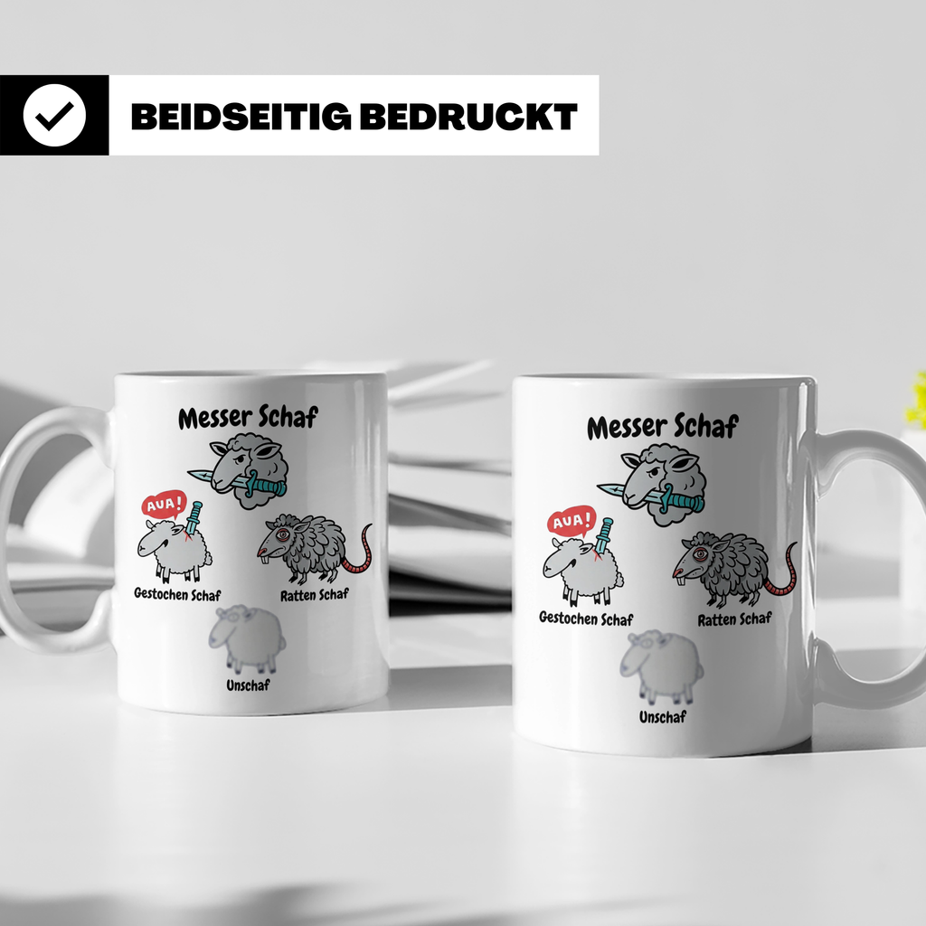 Wortspiel Tasse mit Messer Schaf, Ratten Schaf & Unscharf Mo – Weiß [farbe:weiß]