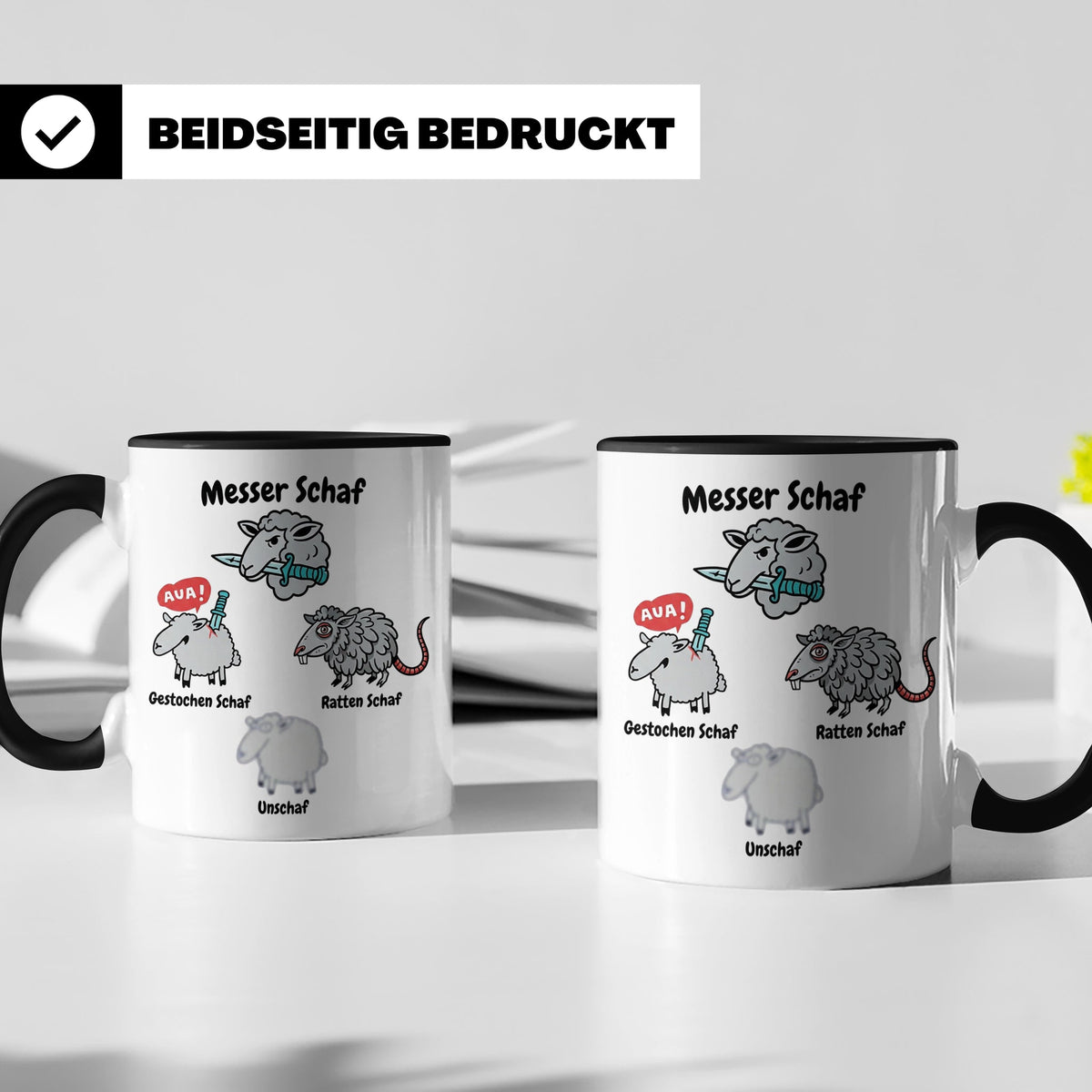 Wortspiel Tasse mit Messer Schaf, Ratten Schaf & Unscharf Mo – Schwarz [farbe:schwarz]