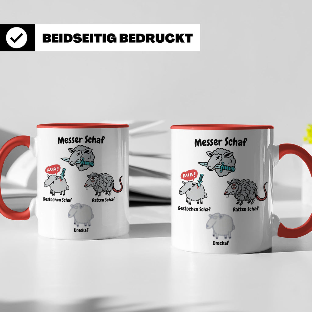 Wortspiel Tasse mit Messer Schaf, Ratten Schaf & Unscharf Mo – Rot [farbe:rot]