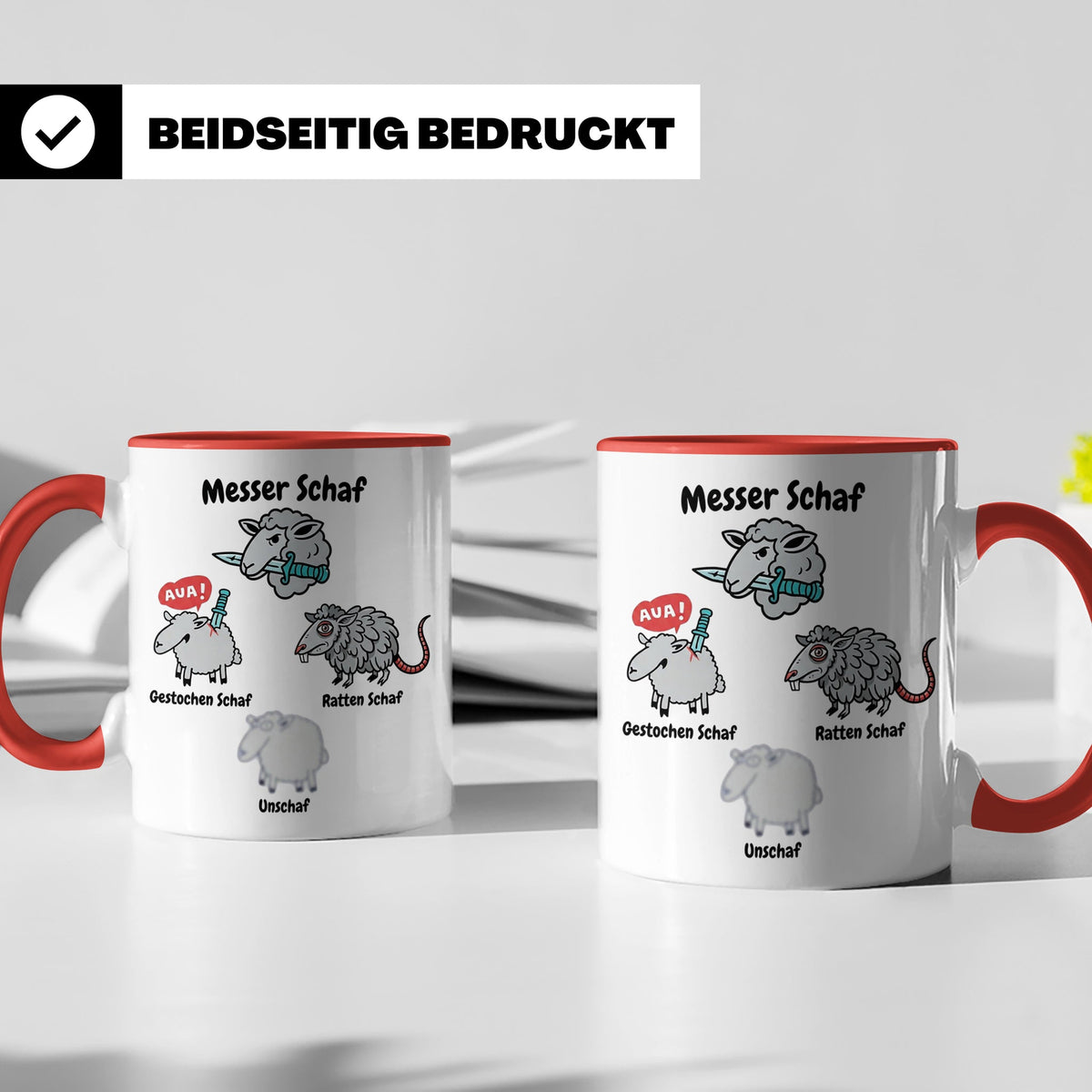 Wortspiel Tasse mit Messer Schaf, Ratten Schaf & Unscharf Mo – Rot [farbe:rot]