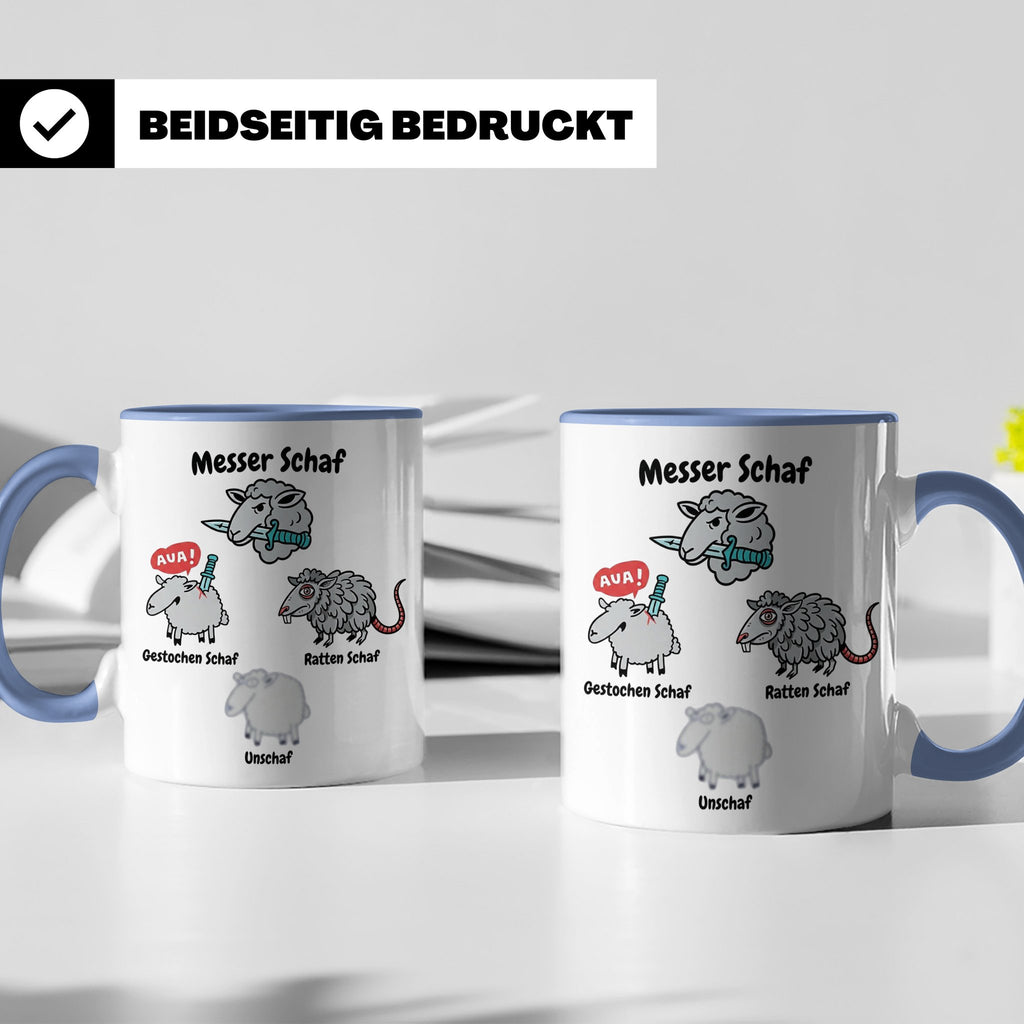 Wortspiel Tasse mit Messer Schaf, Ratten Schaf & Unscharf Mo – Blau [farbe:blau]