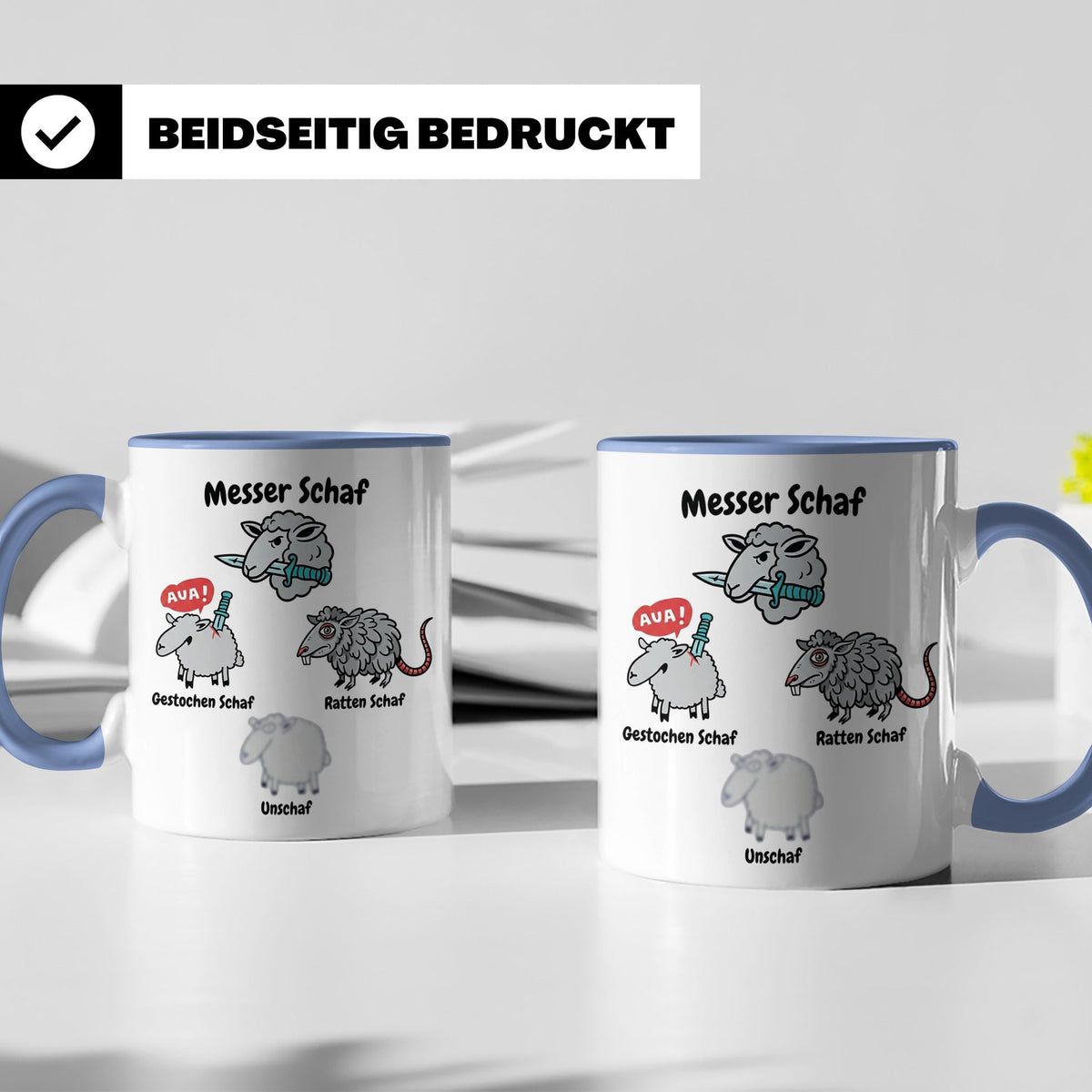 Wortspiel Tasse mit Messer Schaf, Ratten Schaf & Unscharf Mo – Blau [farbe:blau]