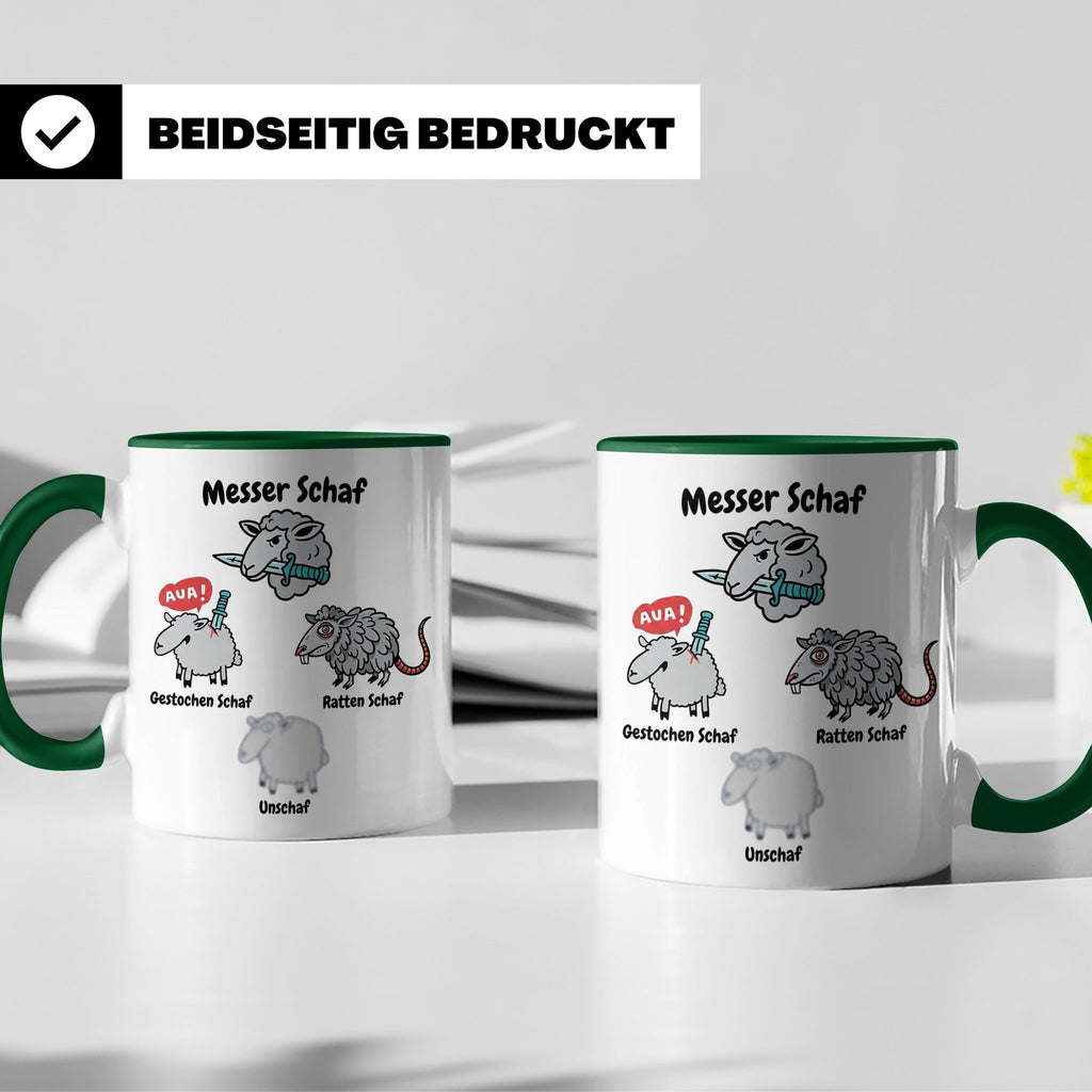 Wortspiel Tasse mit Messer Schaf, Ratten Schaf & Unscharf Mo – Grün [farbe:grün]