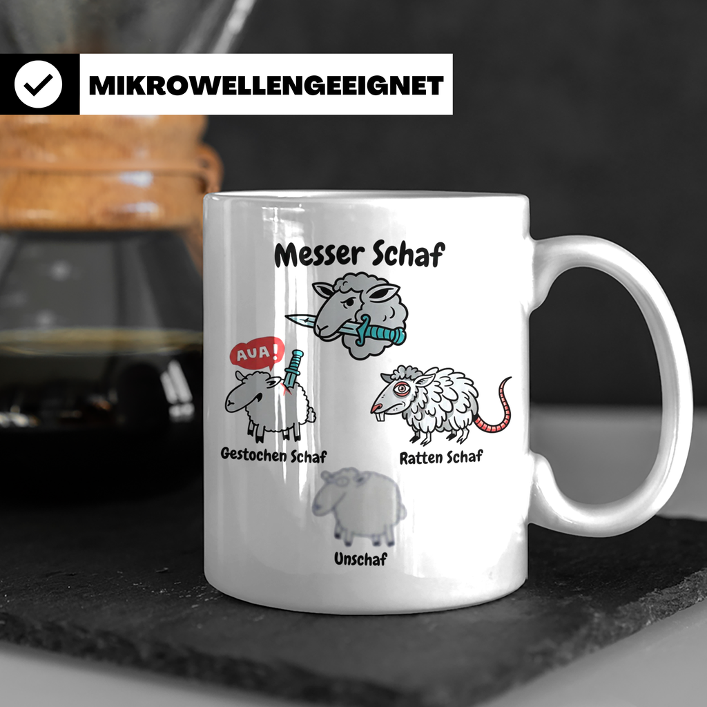 Wortspiel Tasse mit Messer Schaf, Ratten Schaf & Unscharf Mo – Weiß [farbe:weiß]