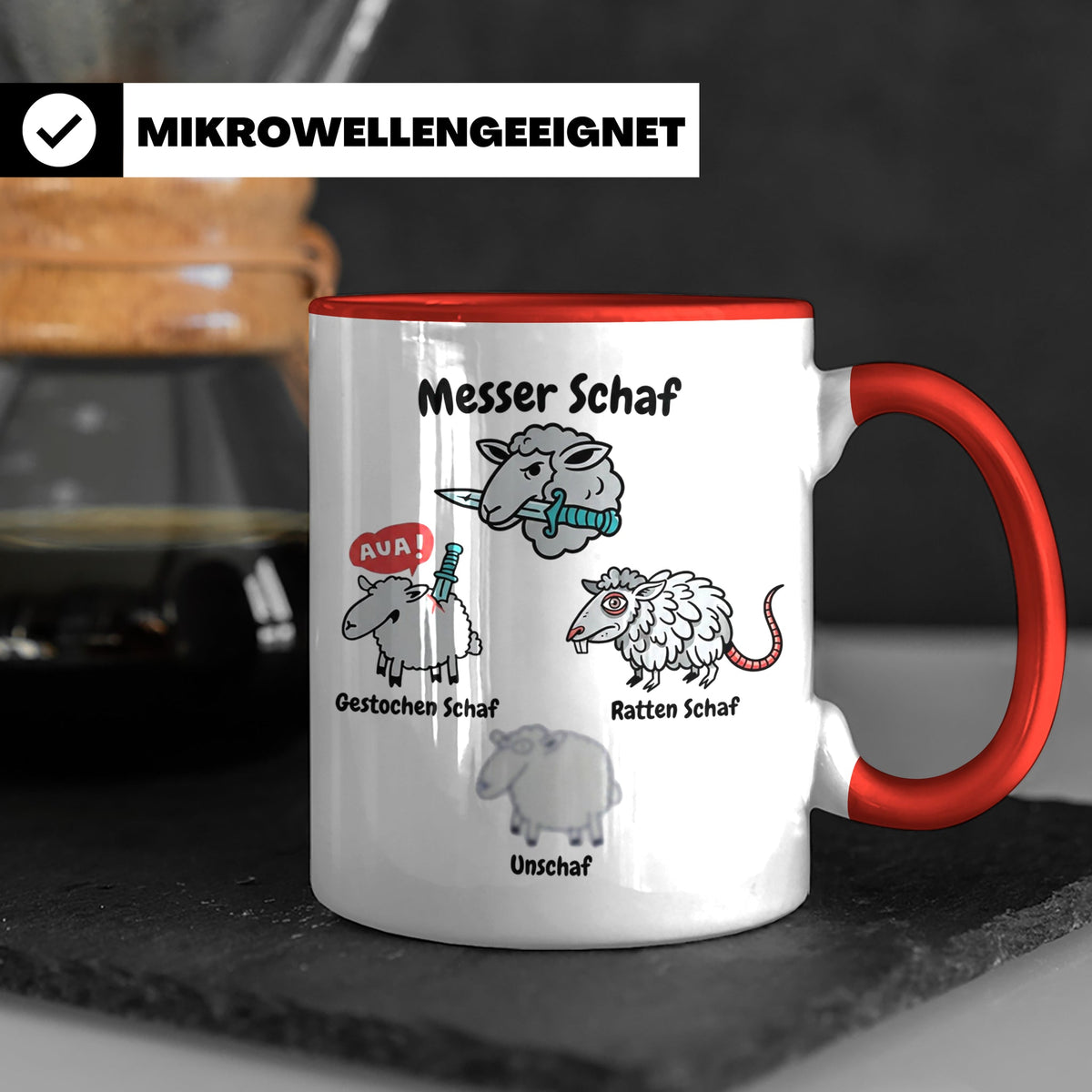 Wortspiel Tasse mit Messer Schaf, Ratten Schaf & Unscharf Mo – Rot [farbe:rot]