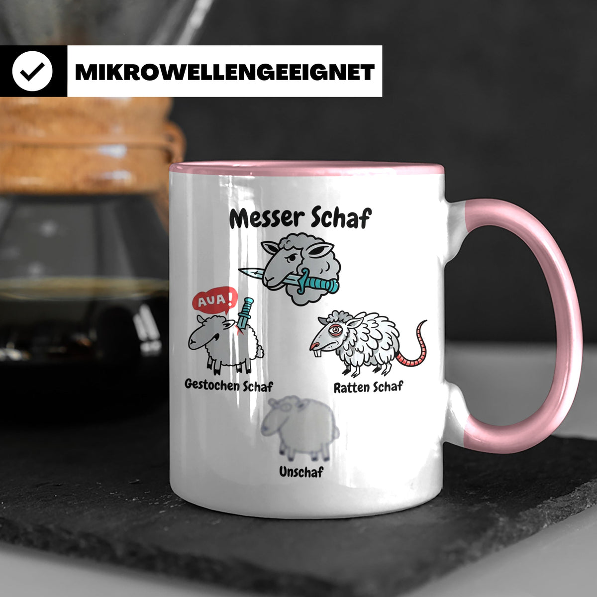 Wortspiel Tasse mit Messer Schaf, Ratten Schaf & Unscharf Mo – Rosa [farbe:rosa]