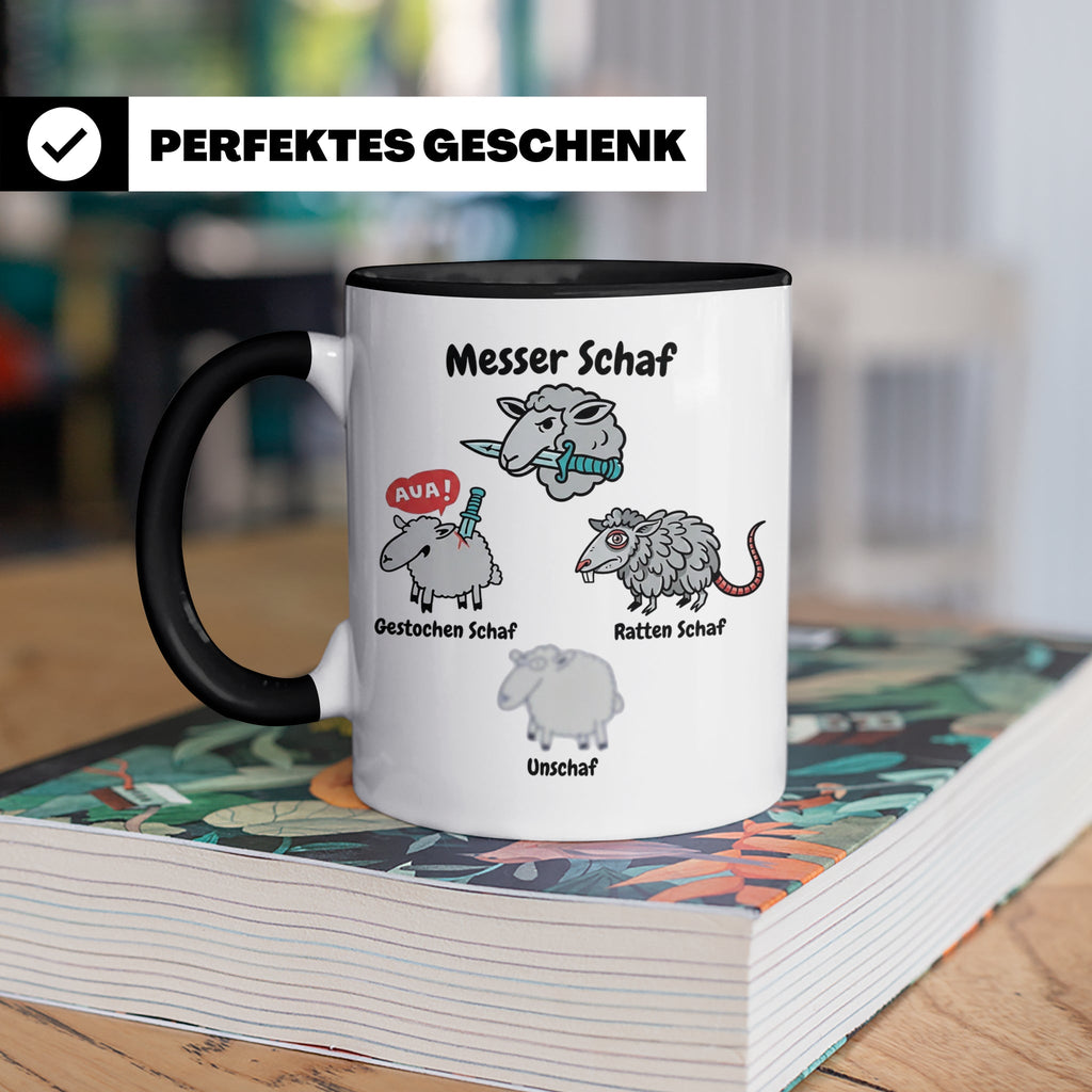 Wortspiel Tasse mit Messer Schaf, Ratten Schaf & Unscharf Mo – Schwarz [farbe:schwarz]