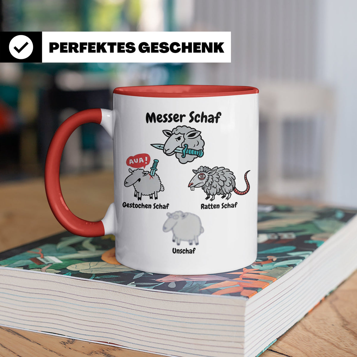 Wortspiel Tasse mit Messer Schaf, Ratten Schaf & Unscharf Mo – Rot [farbe:rot]