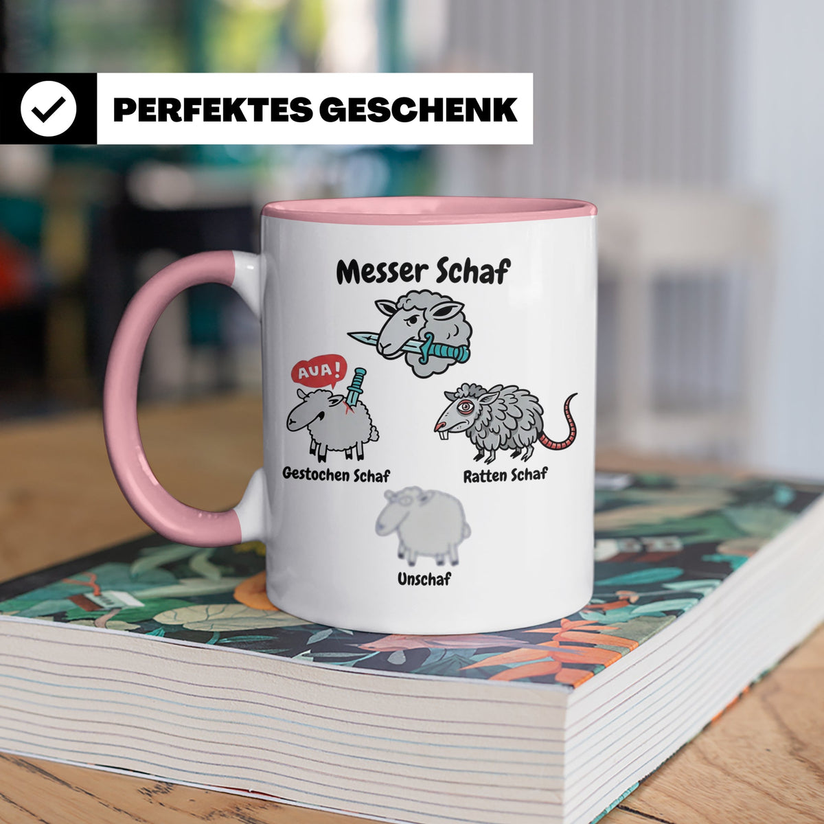 Wortspiel Tasse mit Messer Schaf, Ratten Schaf & Unscharf Mo – Rosa [farbe:rosa]