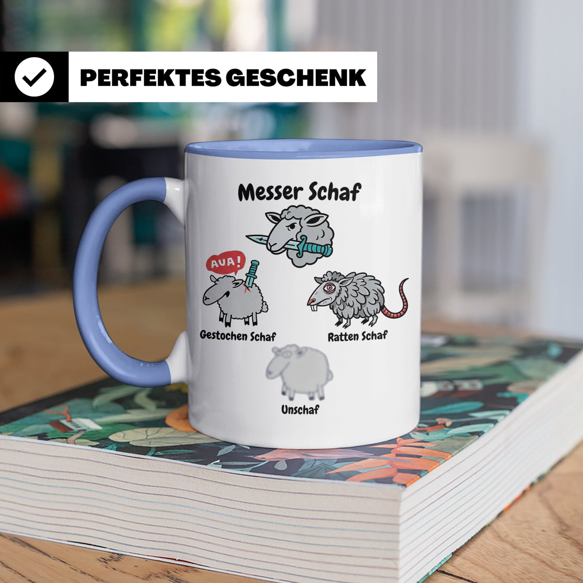 Wortspiel Tasse mit Messer Schaf, Ratten Schaf & Unscharf Mo – Blau [farbe:blau]