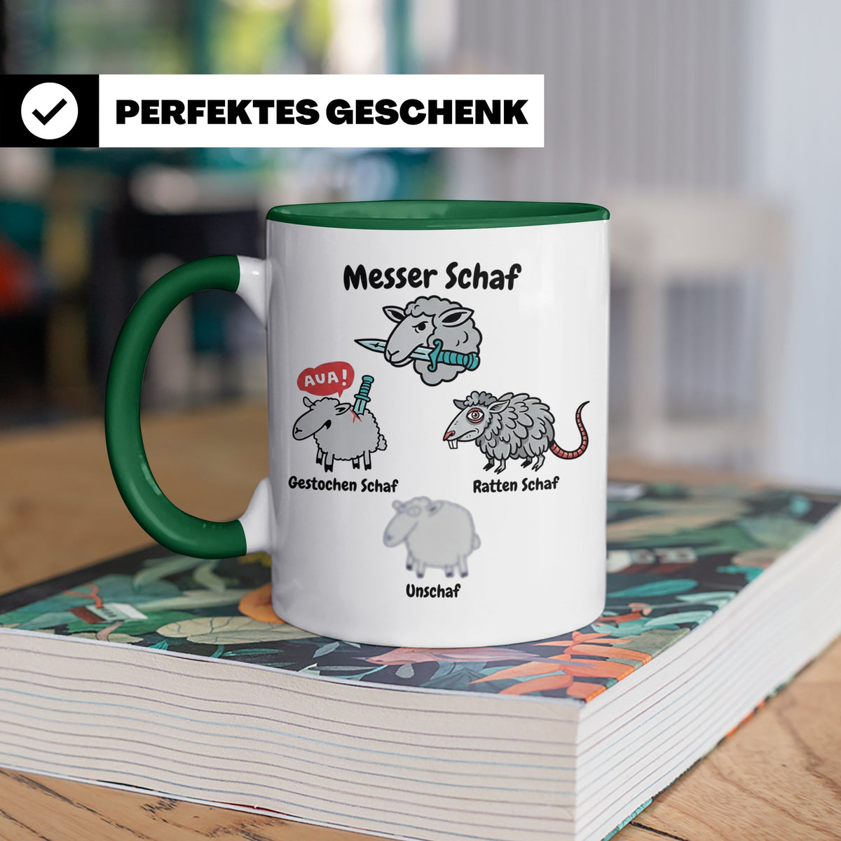 Wortspiel Tasse mit Messer Schaf, Ratten Schaf & Unscharf Mo – Grün [farbe:grün]