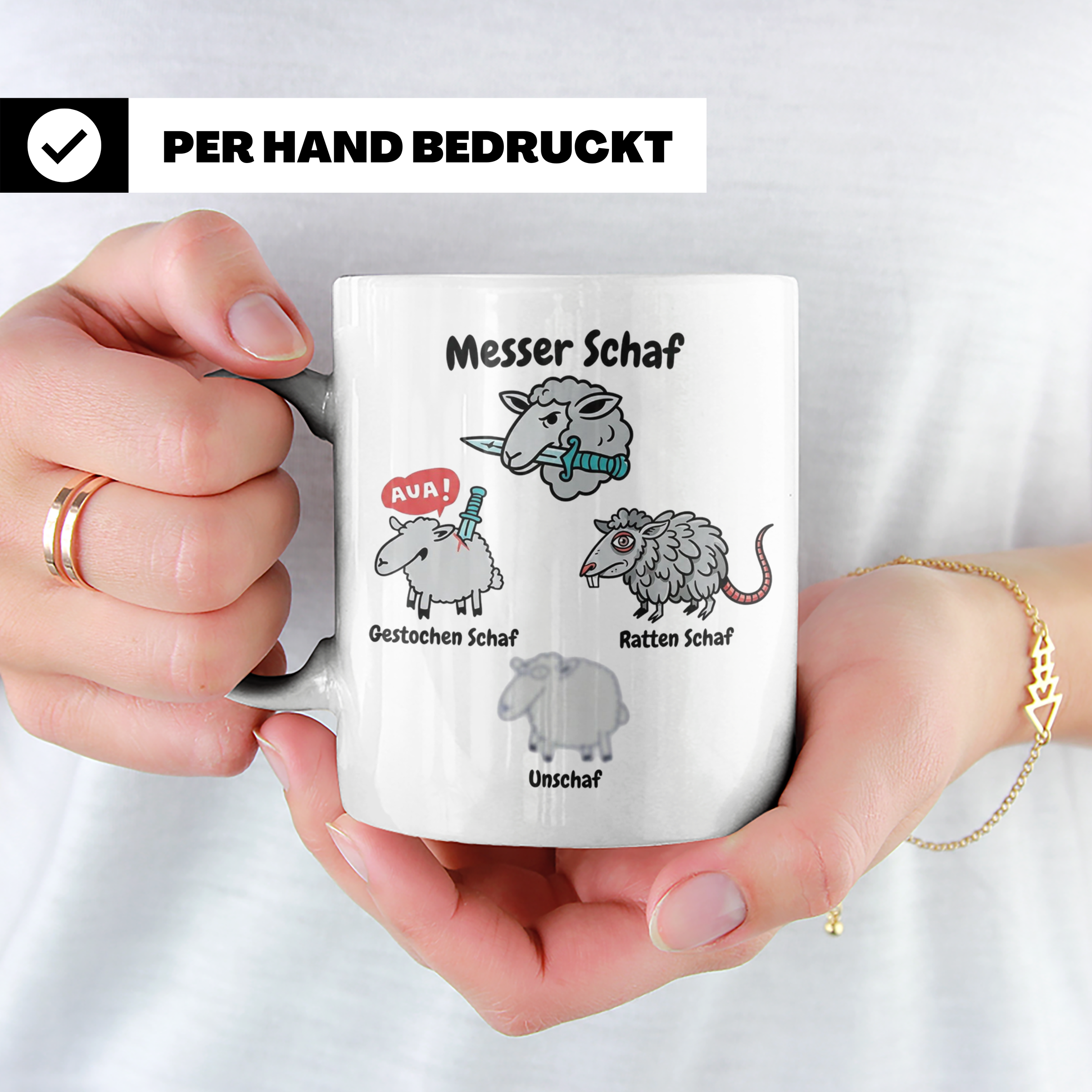 Wortspiel Tasse mit Messer Schaf, Ratten Schaf & Unscharf Mo – Weiß [farbe:weiß]