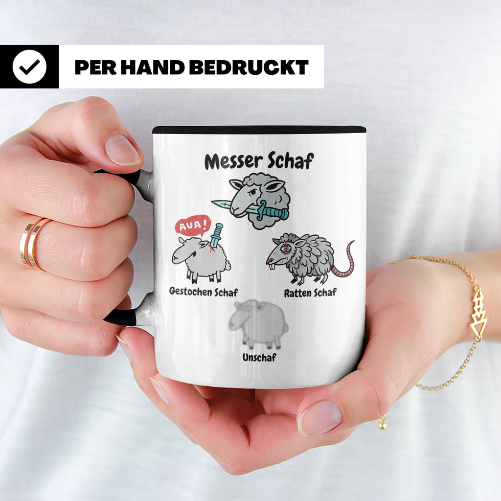 Wortspiel Tasse mit Messer Schaf, Ratten Schaf & Unscharf Mo – Schwarz [farbe:schwarz]