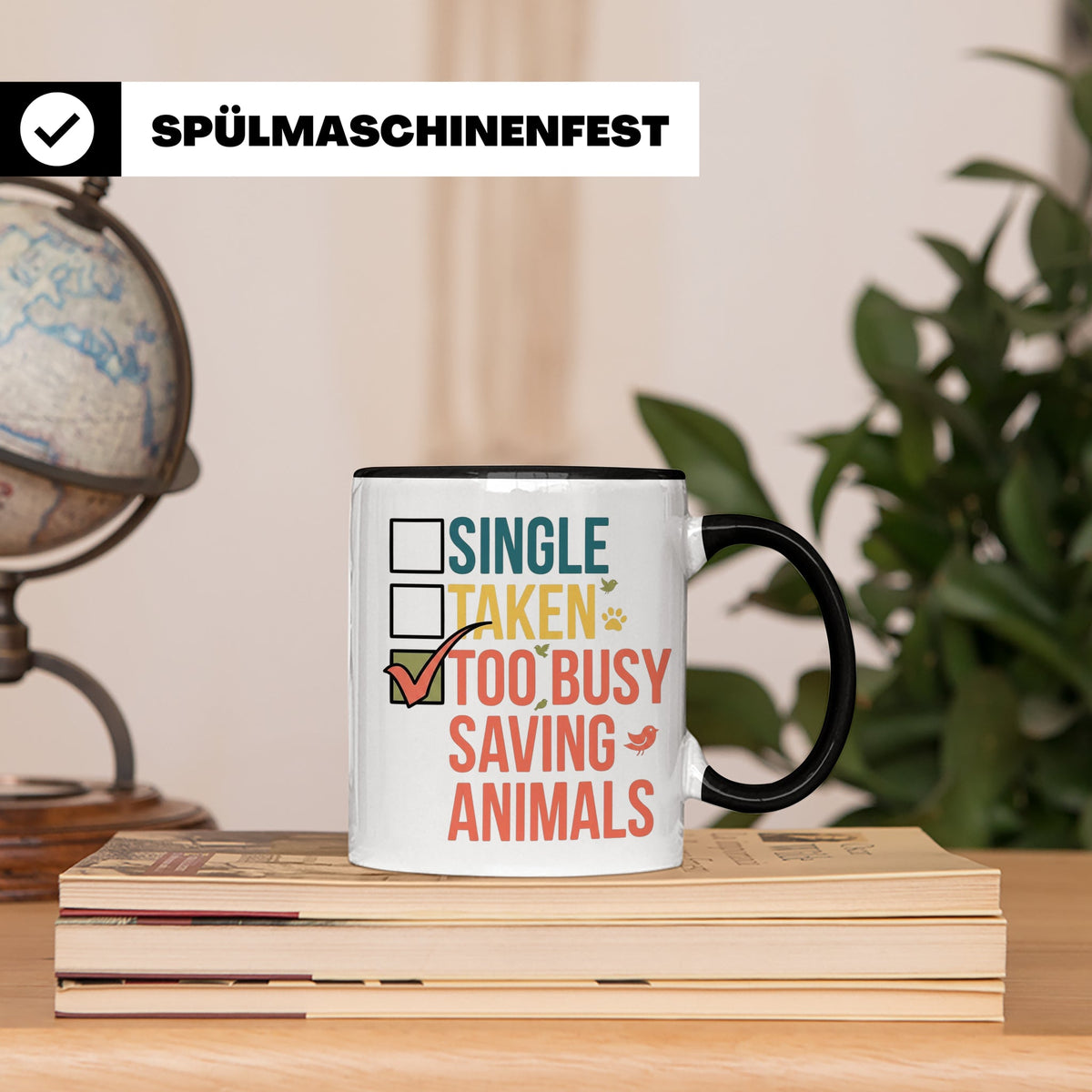 Tierretter Tasse mit Spruch Too Busy Saving Animals, Geschen – Schwarz [farbe:schwarz]