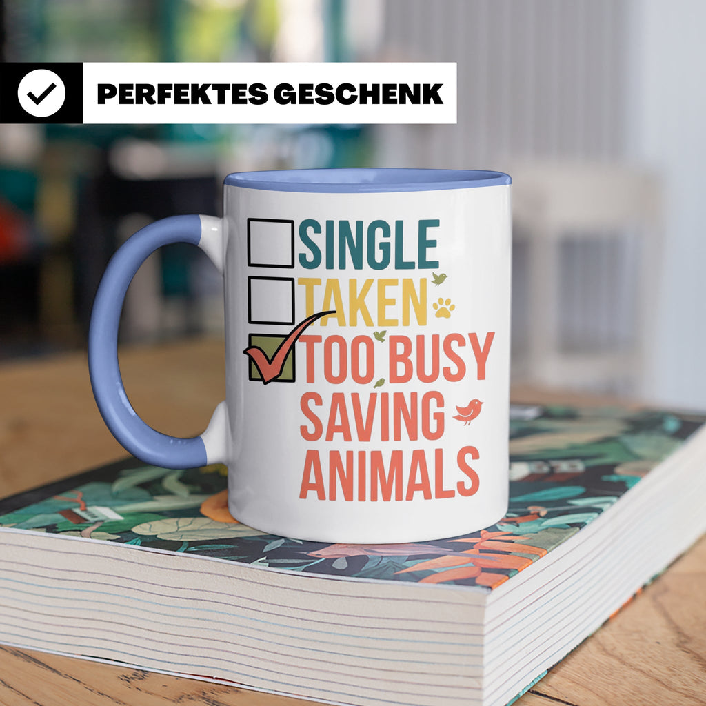 Tierretter Tasse mit Spruch Too Busy Saving Animals, Geschen – Blau [farbe:blau]