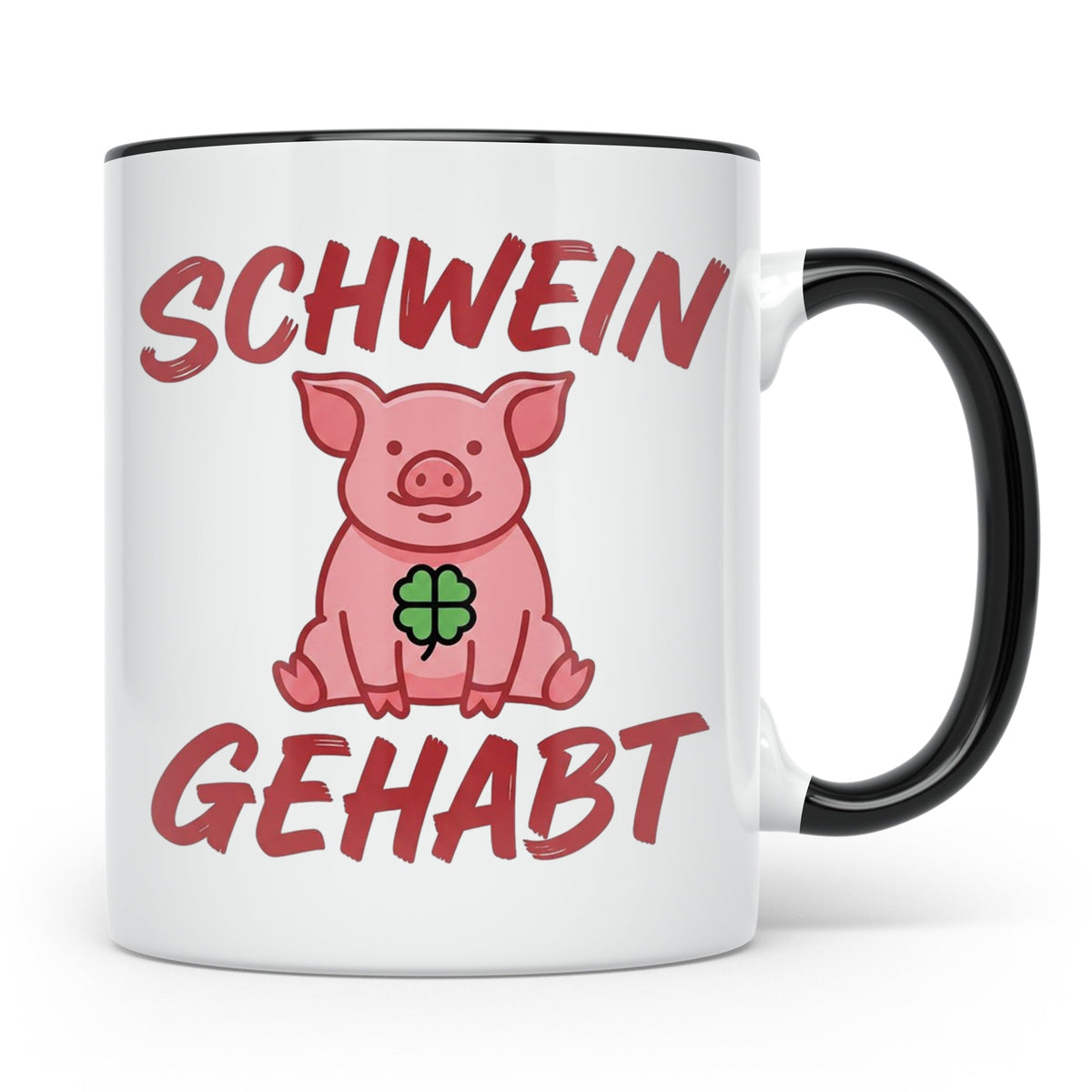 Schwein Gehabt Tasse mit Glücksschwein & Kleeblatt, Glücksbr – Schwarz [farbe:schwarz]