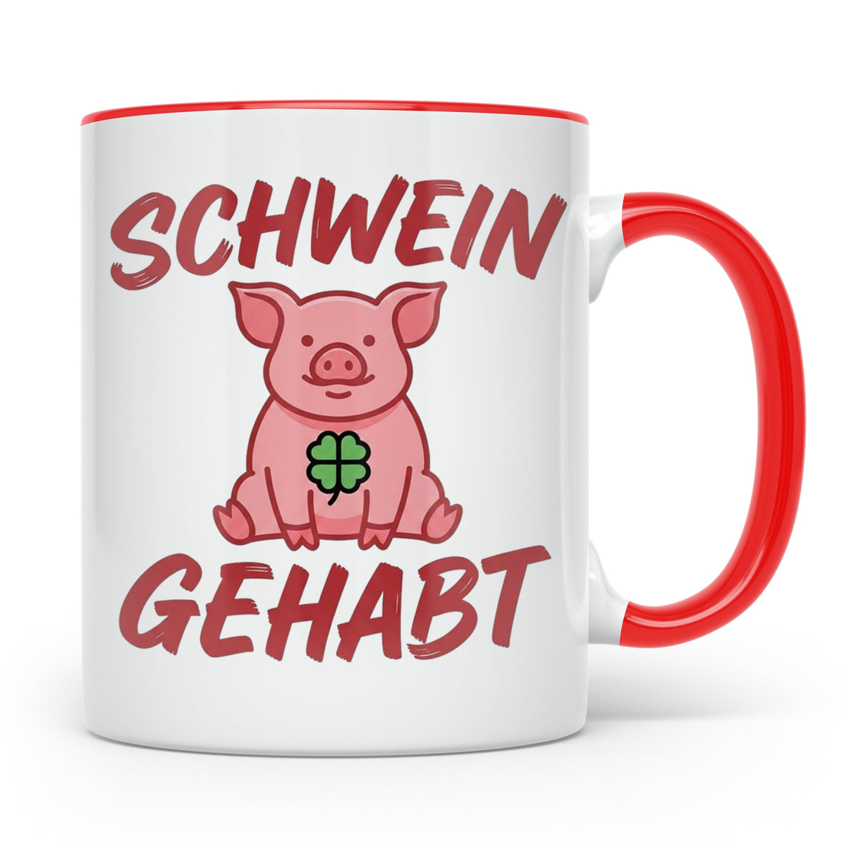 Schwein Gehabt Tasse mit Glücksschwein & Kleeblatt, Glücksbr – Rot [farbe:rot]