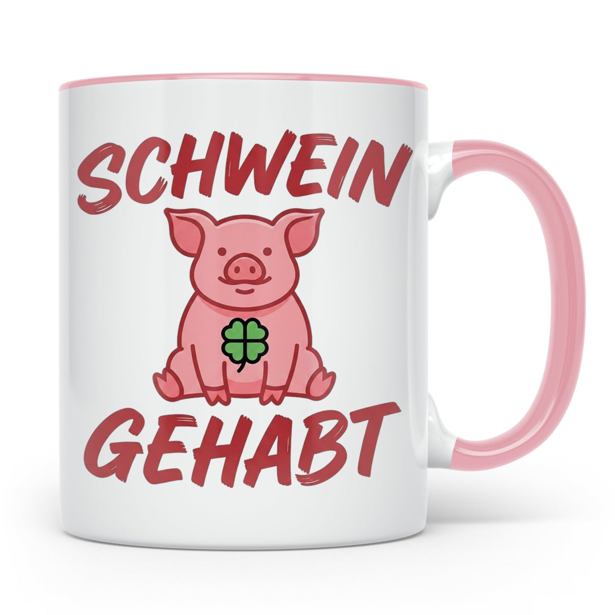 Schwein Gehabt Tasse mit Glücksschwein & Kleeblatt, Glücksbr – Rosa [farbe:rosa]
