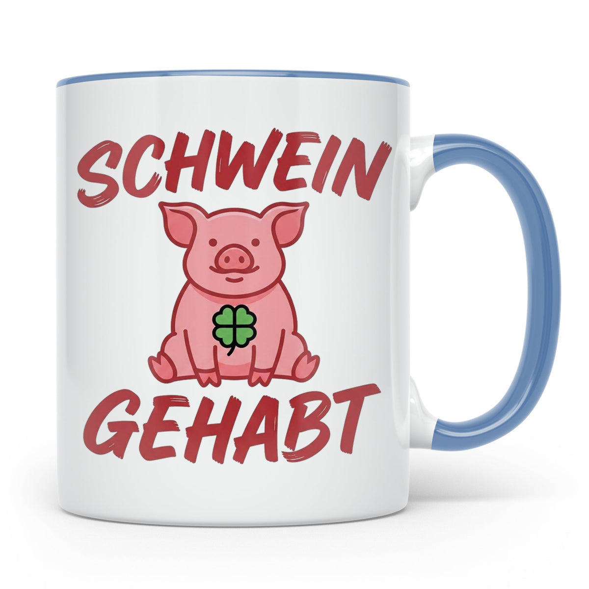 Schwein Gehabt Tasse mit Glücksschwein & Kleeblatt, Glücksbr – Blau [farbe:blau]