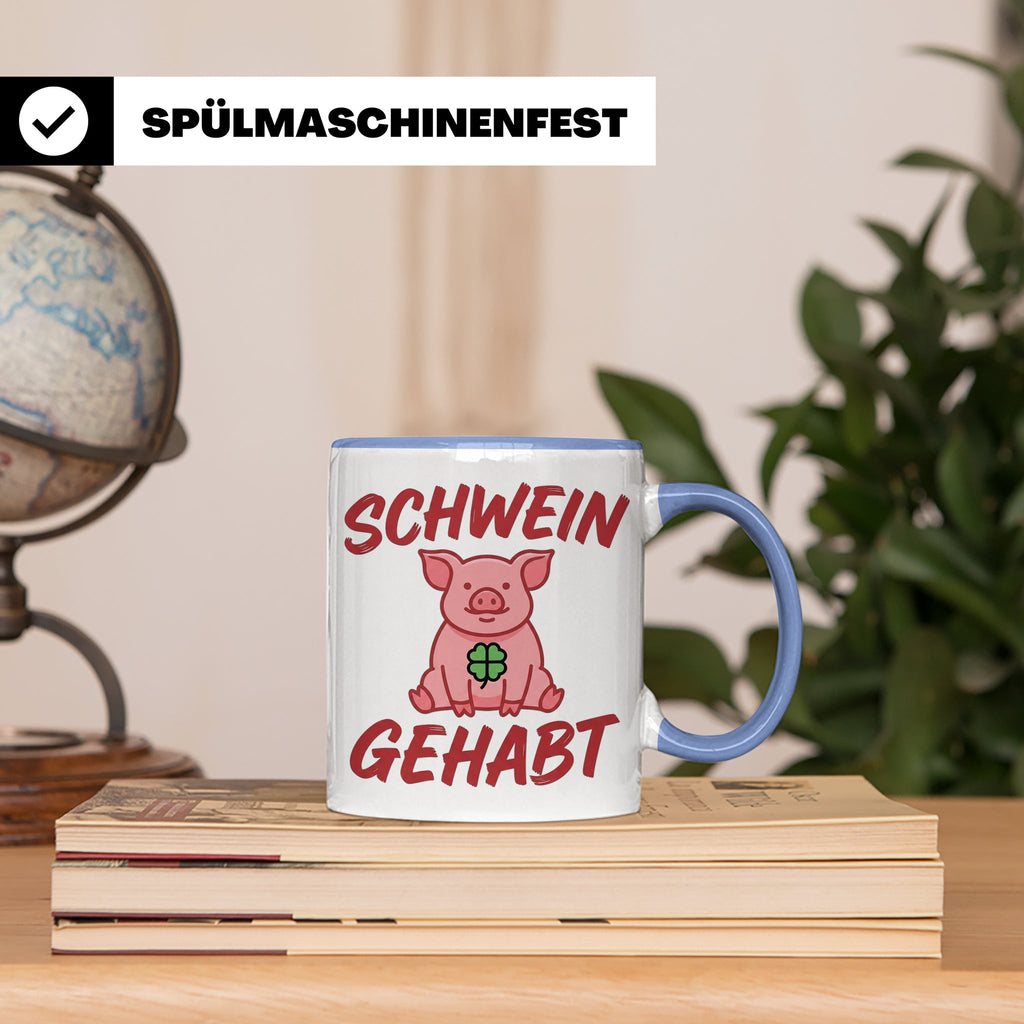 Schwein Gehabt Tasse mit Glücksschwein & Kleeblatt, Glücksbr – Blau [farbe:blau]