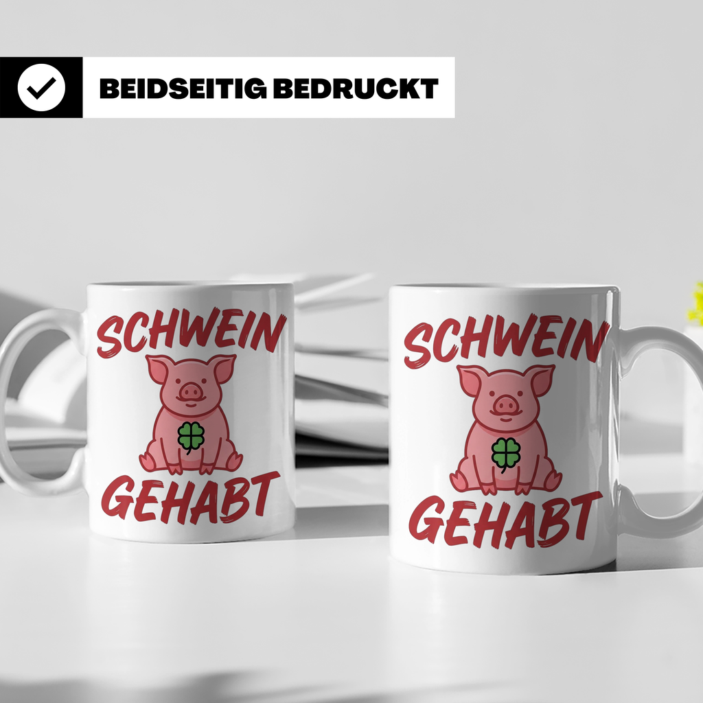 Schwein Gehabt Tasse mit Glücksschwein & Kleeblatt, Glücksbr – Weiß [farbe:weiß]