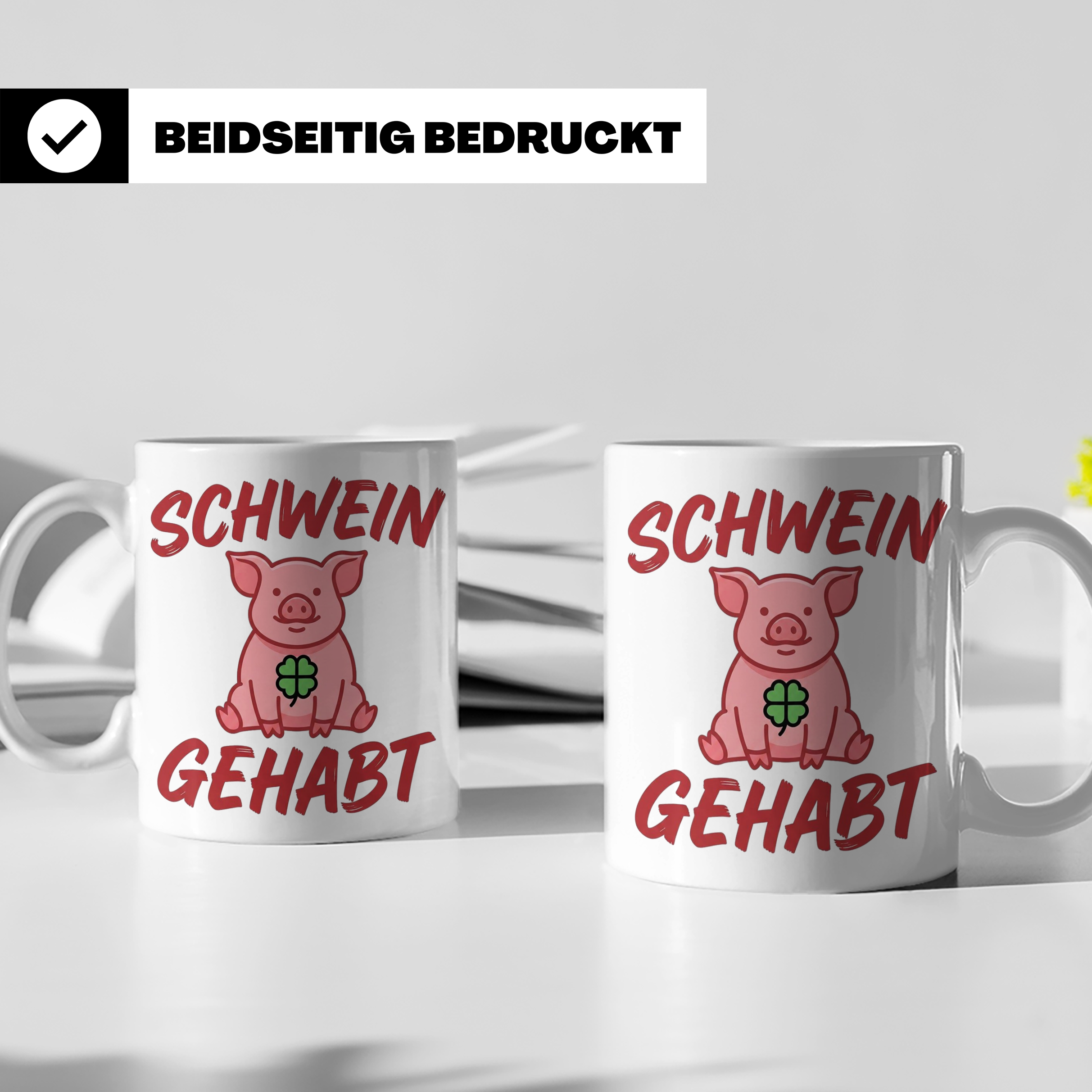 Schwein Gehabt Tasse mit Glücksschwein & Kleeblatt, Glücksbr – Weiß [farbe:weiß]