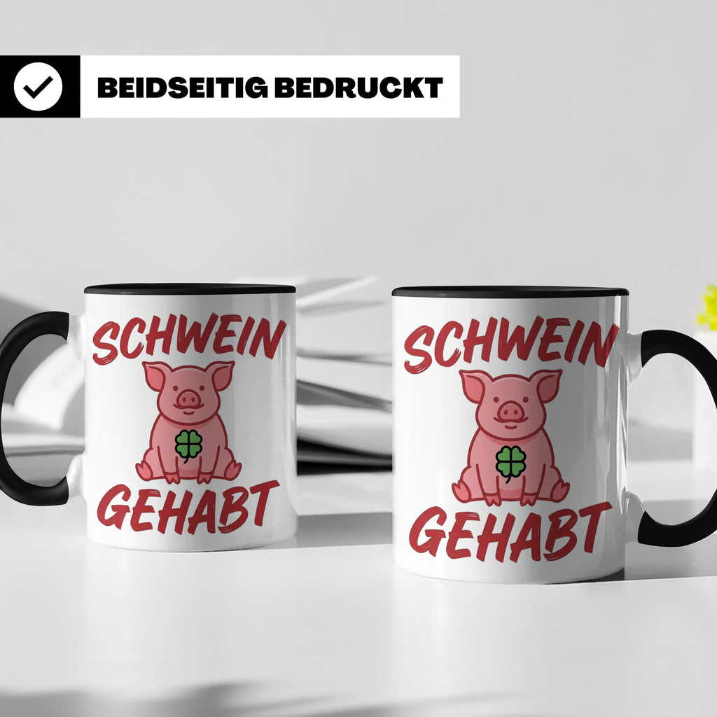 Schwein Gehabt Tasse mit Glücksschwein & Kleeblatt, Glücksbr – Schwarz [farbe:schwarz]