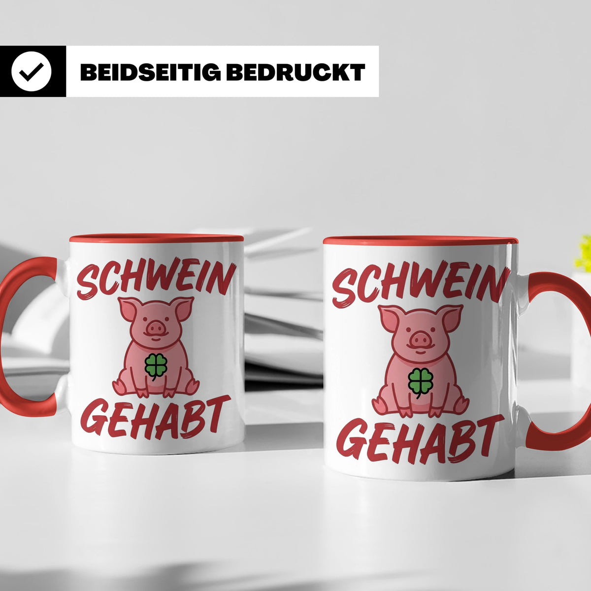 Schwein Gehabt Tasse mit Glücksschwein & Kleeblatt, Glücksbr – Rot [farbe:rot]