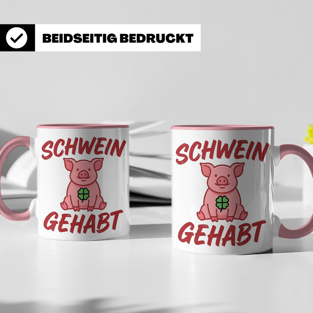 Schwein Gehabt Tasse mit Glücksschwein & Kleeblatt, Glücksbr – Rosa [farbe:rosa]