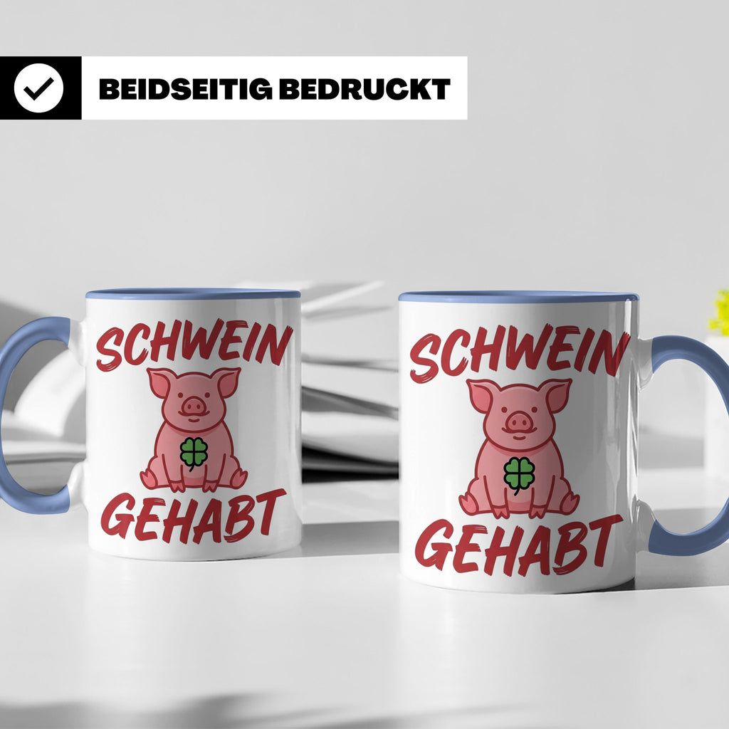 Schwein Gehabt Tasse mit Glücksschwein & Kleeblatt, Glücksbr – Blau [farbe:blau]