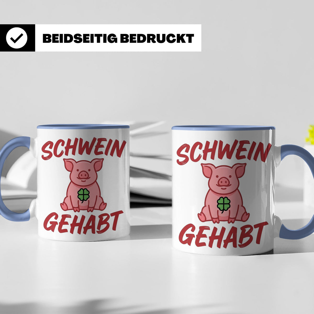 Schwein Gehabt Tasse mit Glücksschwein & Kleeblatt, Glücksbr – Blau [farbe:blau]