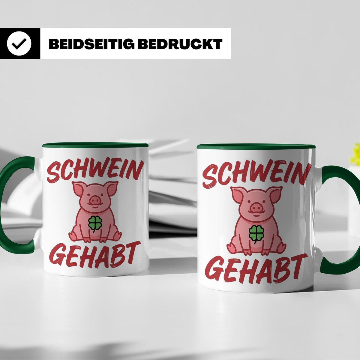 Schwein Gehabt Tasse mit Glücksschwein & Kleeblatt, Glücksbr – Grün [farbe:grün]