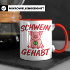 Schwein Gehabt Tasse mit Glücksschwein & Kleeblatt, Glücksbr – Rot [farbe:rot]
