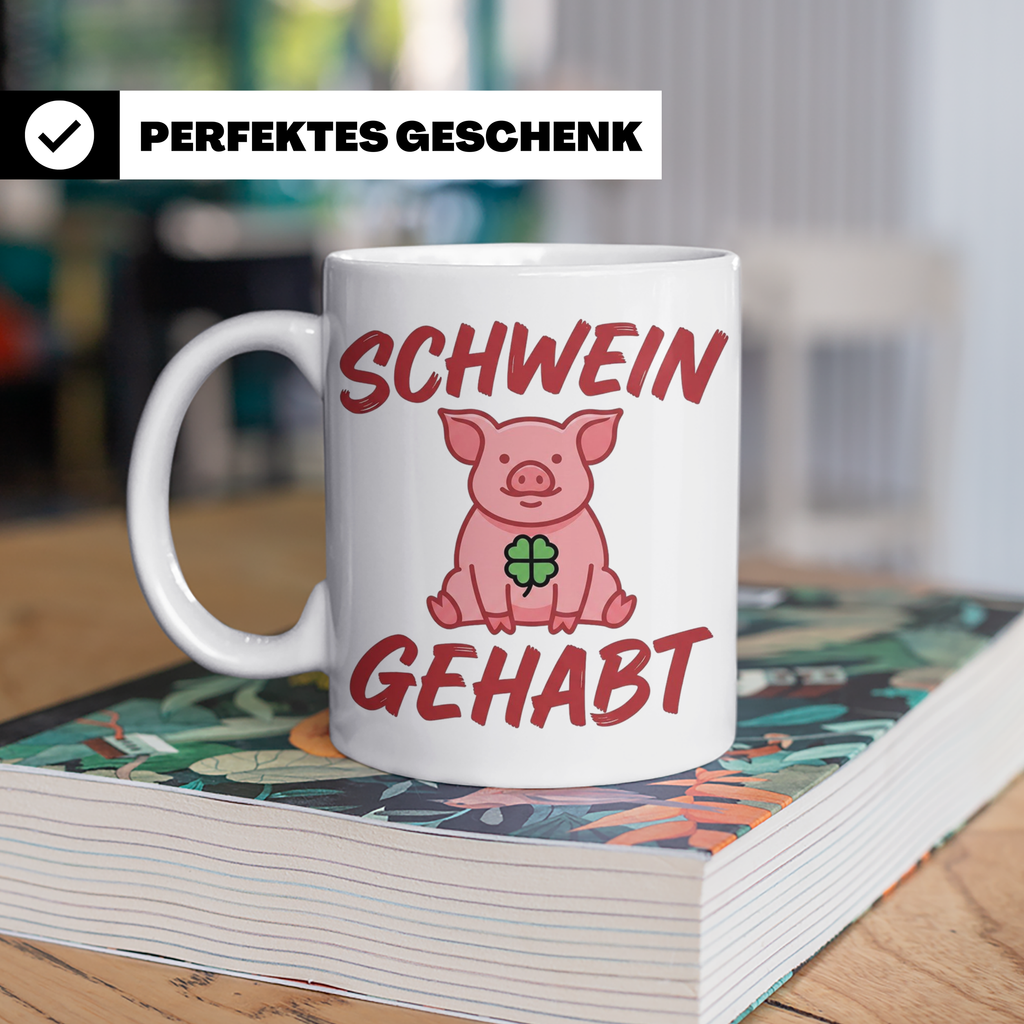 Schwein Gehabt Tasse mit Glücksschwein & Kleeblatt, Glücksbr – Weiß [farbe:weiß]