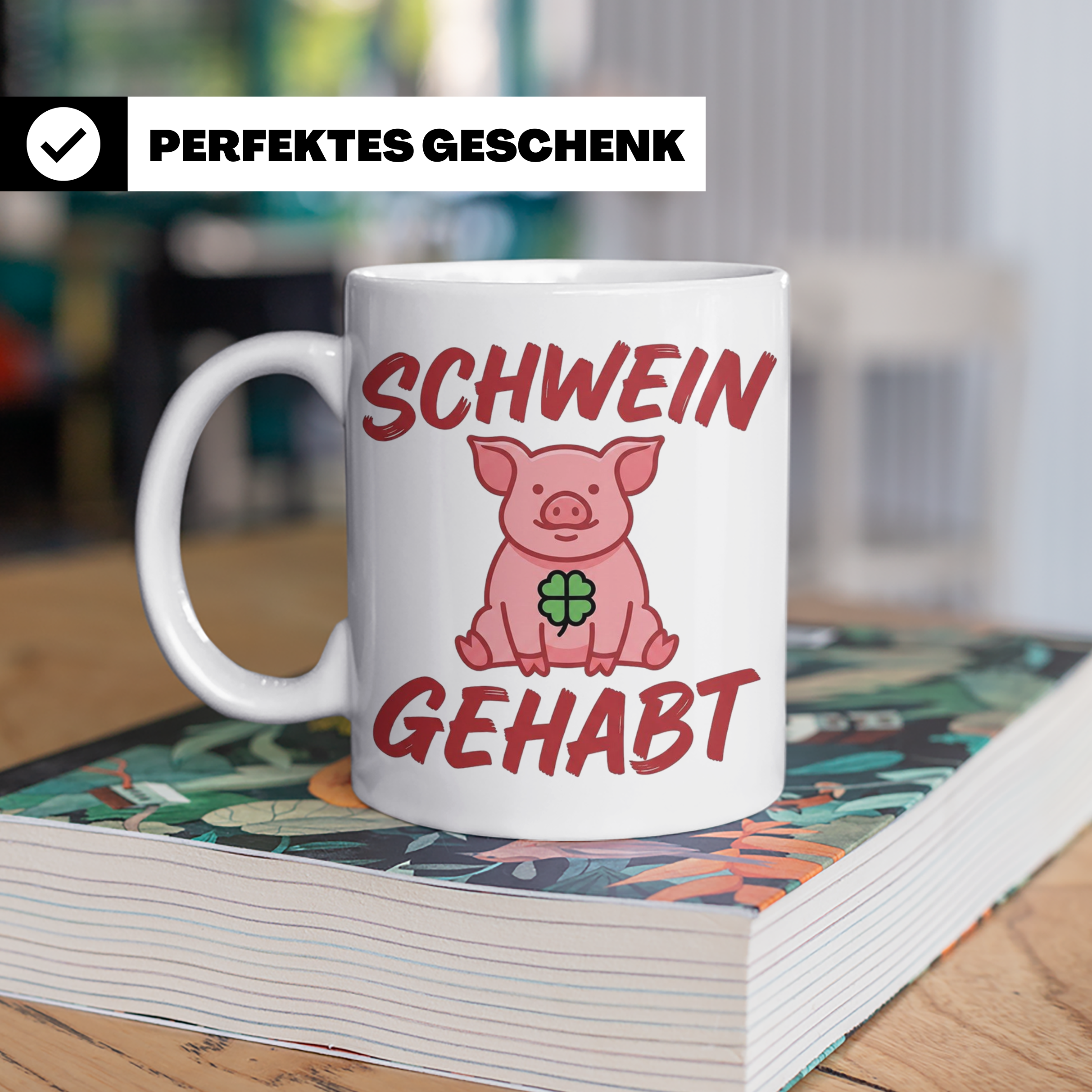 Schwein Gehabt Tasse mit Glücksschwein & Kleeblatt, Glücksbr – Weiß [farbe:weiß]