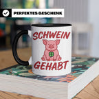 Schwein Gehabt Tasse mit Glücksschwein & Kleeblatt, Glücksbr – Schwarz [farbe:schwarz]