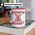 Schwein Gehabt Tasse mit Glücksschwein & Kleeblatt, Glücksbr – Rot [farbe:rot]