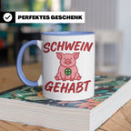 Schwein Gehabt Tasse mit Glücksschwein & Kleeblatt, Glücksbr – Blau [farbe:blau]