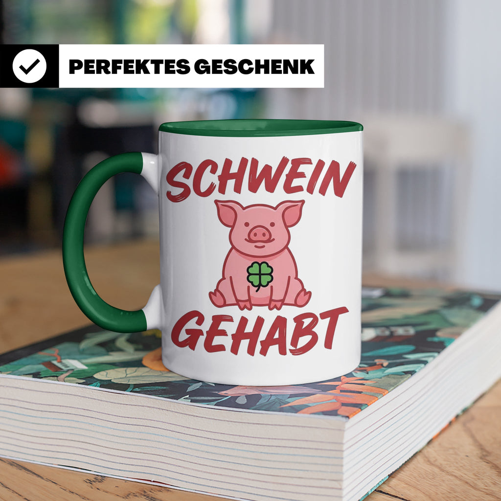 Schwein Gehabt Tasse mit Glücksschwein & Kleeblatt, Glücksbr – Grün [farbe:grün]